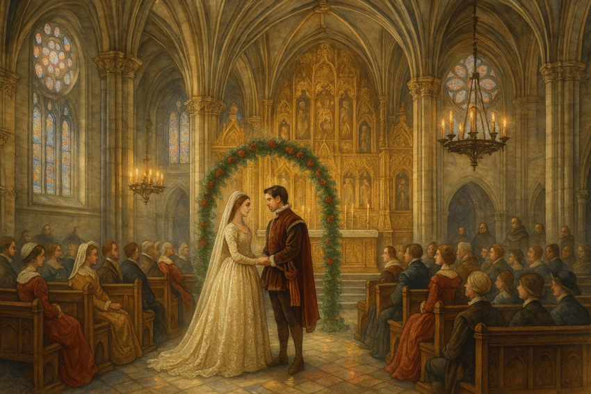Matrimonio reale in un chiostro europeo storico