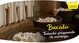 Lavanderia monastica con tonache bianche appese e strumenti d’epoca