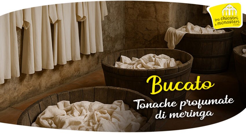 Lavanderia monastica con tonache bianche appese e strumenti d’epoca